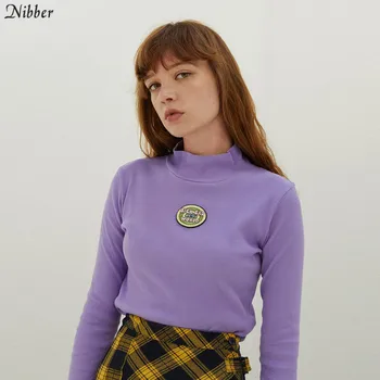 

Nibber Women Ribbed Knitted long-sleeve Top T-shirt Autumn Winter Elegant purple wild top hot sale embroidery Turtleneck T-shirt