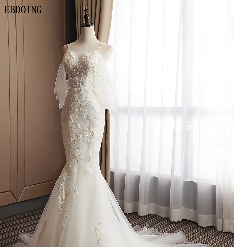 Настоящая фотография Vestidos De Novia свадебное платье Русалка Милая декольте Короткие рукава развертки поезд Спагетти ремни с бисером