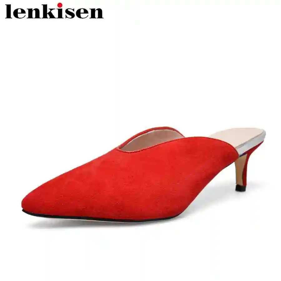 

Lenkisen kid suede oxford plus size pointed toe European designer med heels slip on solid mules party dress women sandals L93