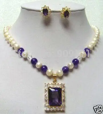 

Free Shipping>>>>>>7-8mm Fresh water white Pearl Purple amethyst pendant Necklace Earring Sets