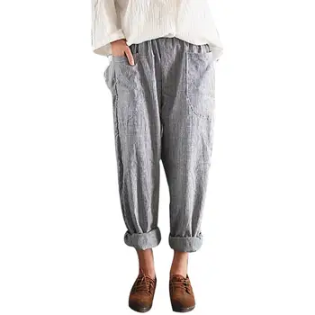 

Casual Women Striped Loose Harem Pants Elastic Waist Trousers with Pockets