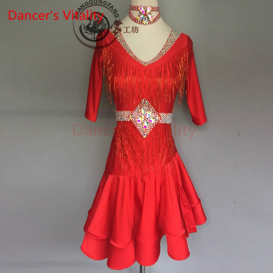 

Dancer's Vitality Diamond Tassel Double V Collar Wave Edge Latin Dance Dress Women Salsa Tango Dress For Latin Competition Dress