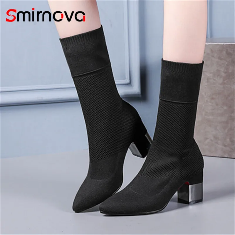 

Smirnova NEW arrive 2018 elegant pointed toe mid calf boots comfortable knitting ladies boots high heel woman brand boots
