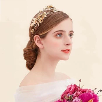 

Vintage Gold Tiaras And Crowns Metal Hair Jewelry Flower Leaves Hot Sale Bridal Wedding Women Hair Accessories Queen Ornaments