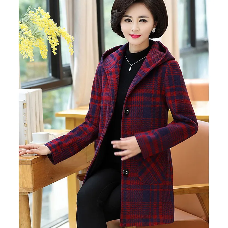 Женское шерстяное пальто, Осень-зима, модная длинная куртка, плюс хлопок, в клетку, большой размер, 5XL, шерстяная куртка, пальто для мамы, верхняя одежда, A177 - Цвет: red