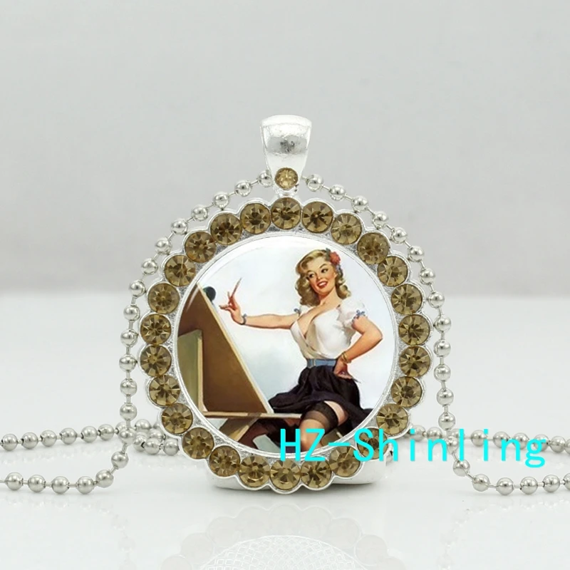 New Pinup Girl Painting Necklace Swimsuit Pin Up Art Crystal Pendant