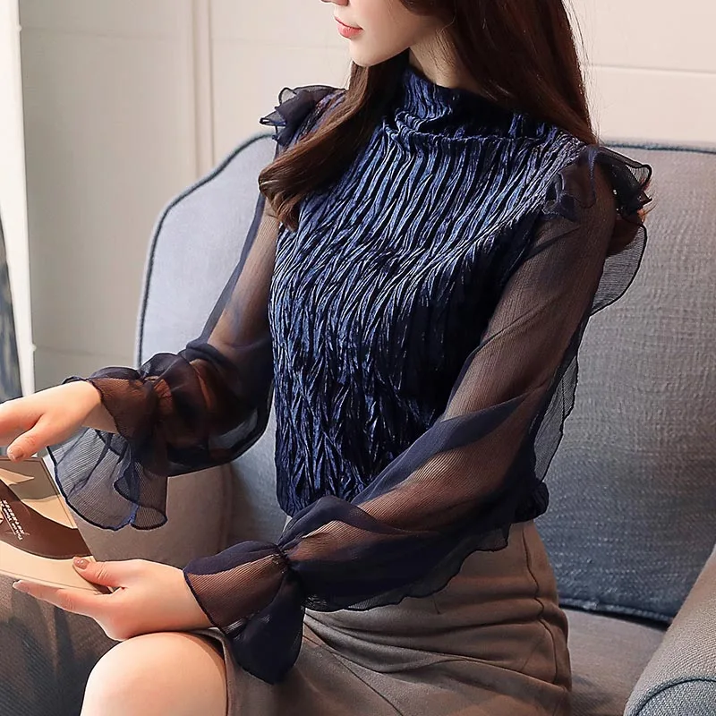 Весна, Новое поступление, женские тонкие блузки и рубашки в Корейском стиле, кружевные свободные рубашки со стоячим воротником, топы, распродажа T83011L - Цвет: Blue