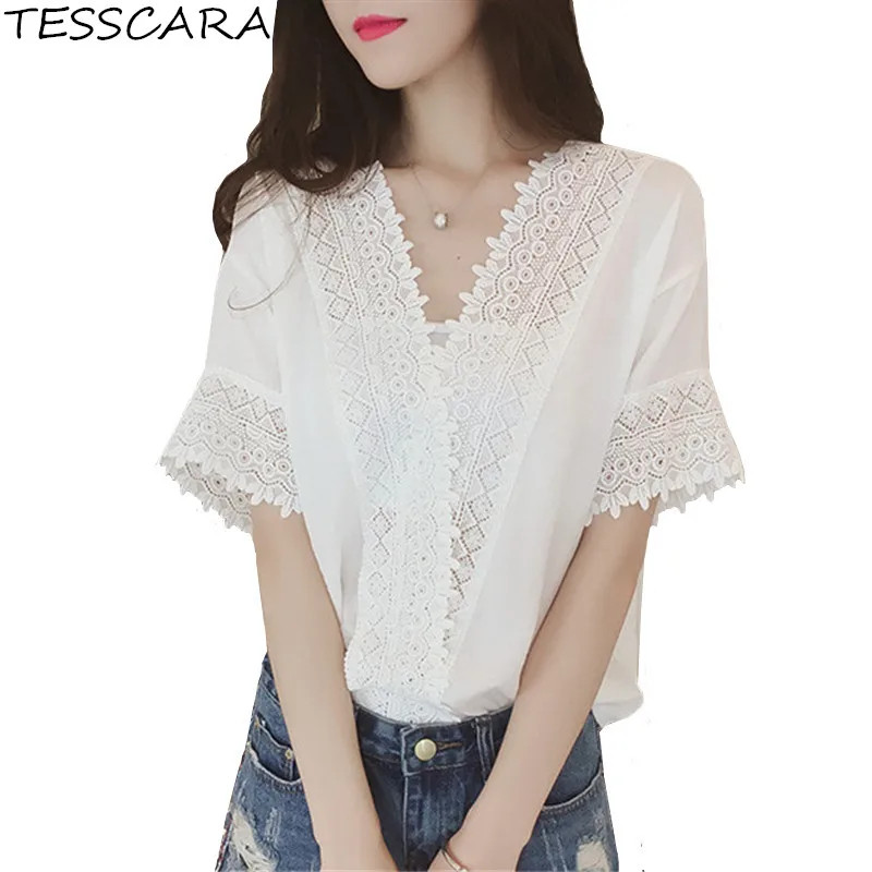 Buy Women Summer White Lace Blouse Shirt Female New