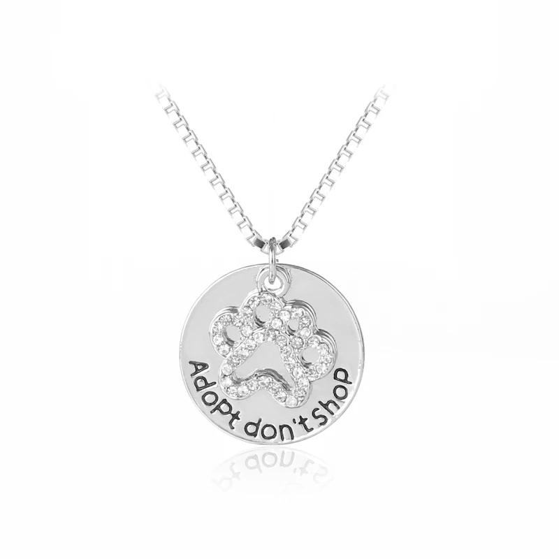 

"Adopt don't shop" Round Pet Paw Prints Rhinestone Necklaces Cute Animal Dog cat Memorial jewelry Pet Lover Puppy Paw Necklace