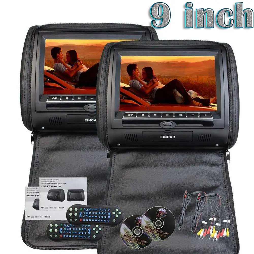 

9 Inch HD Double Twin Car Monitor Screens a pair of Car Headrest Pillows Region free Dual DVD Players IR FM for back sit seat