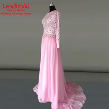 Real Pink Silk Chiffon Round Neck Sequin Beads Muslim Long Sleeve Evening Dresses 2017 Shawl Hijab Arabic Abaya Prom Vedio YSE24