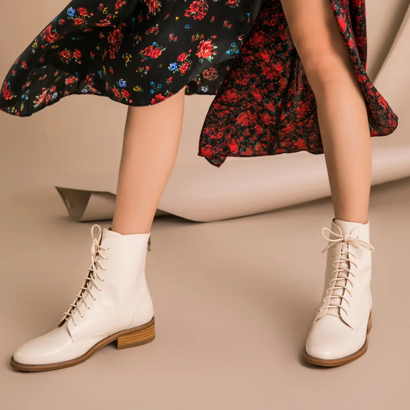 BeauToday/женские ботильоны из телячьей кожи; Лидирующий бренд; натуральная кожа; круглый носок; шнуровка; молния; модная женская обувь; 02202