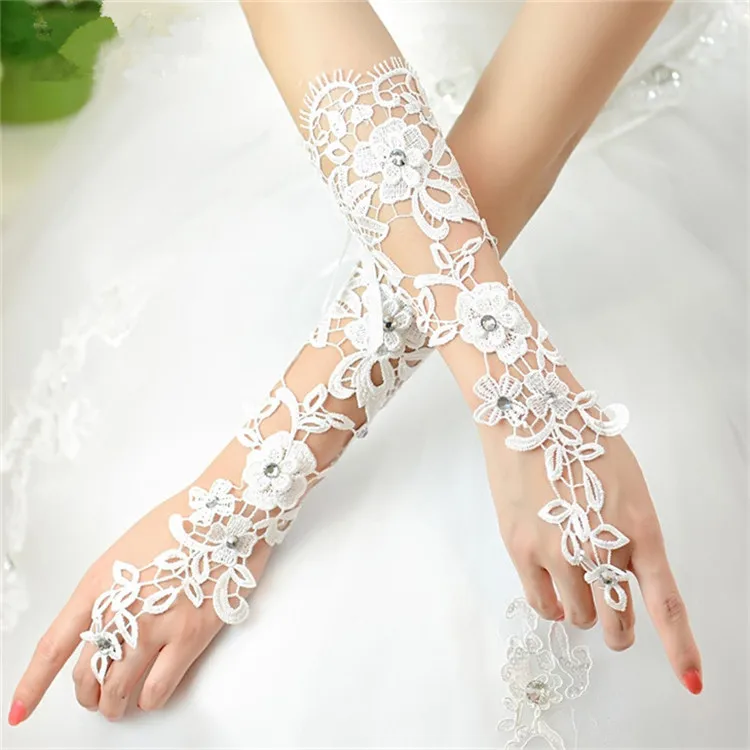 

Gorgeous Sexy Ivory Lace Fingerless Wedding Gloves Sheer Rhinestones Beading Lace Sheer Bridal Gloves