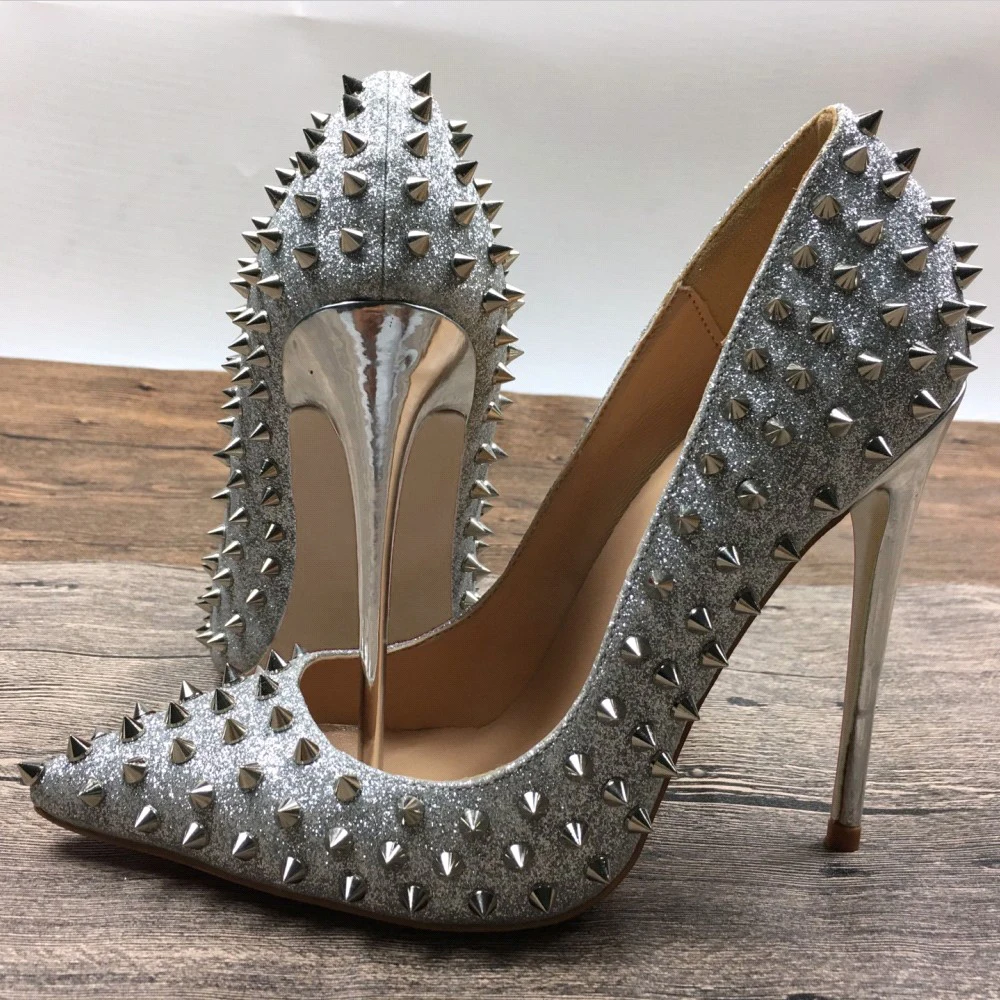 Silver Rivets High Heels Patent Exclusive Brand Needle Rivet Shallow Mouth High Heels Pump Wave