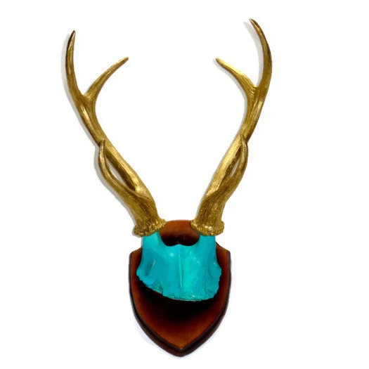 Large Faux Taxidermy Deer Antler Mount - Turquoise Skull and Gold Antlers - Unique Fake Resin Decor- Animal Friendly Wall Art - HT6308