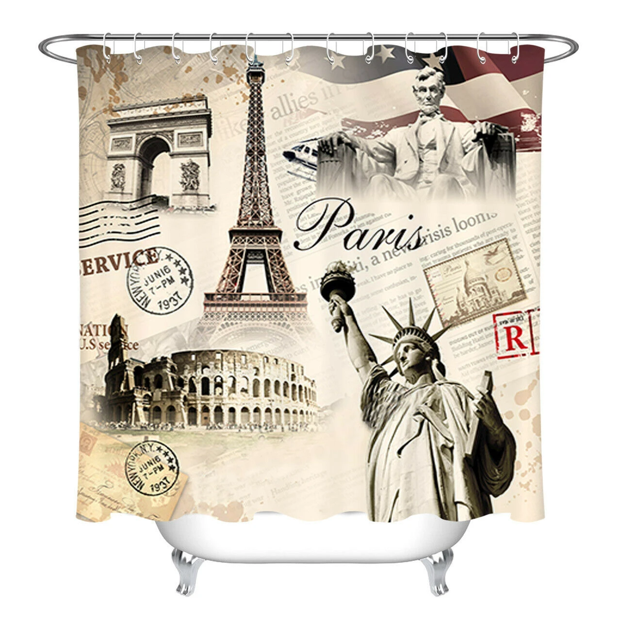 Paris Eiffel Tower Newspaper Waterproof Fabric Shower Curtain Set Bathroom Liner Shower Curtains Aliexpress