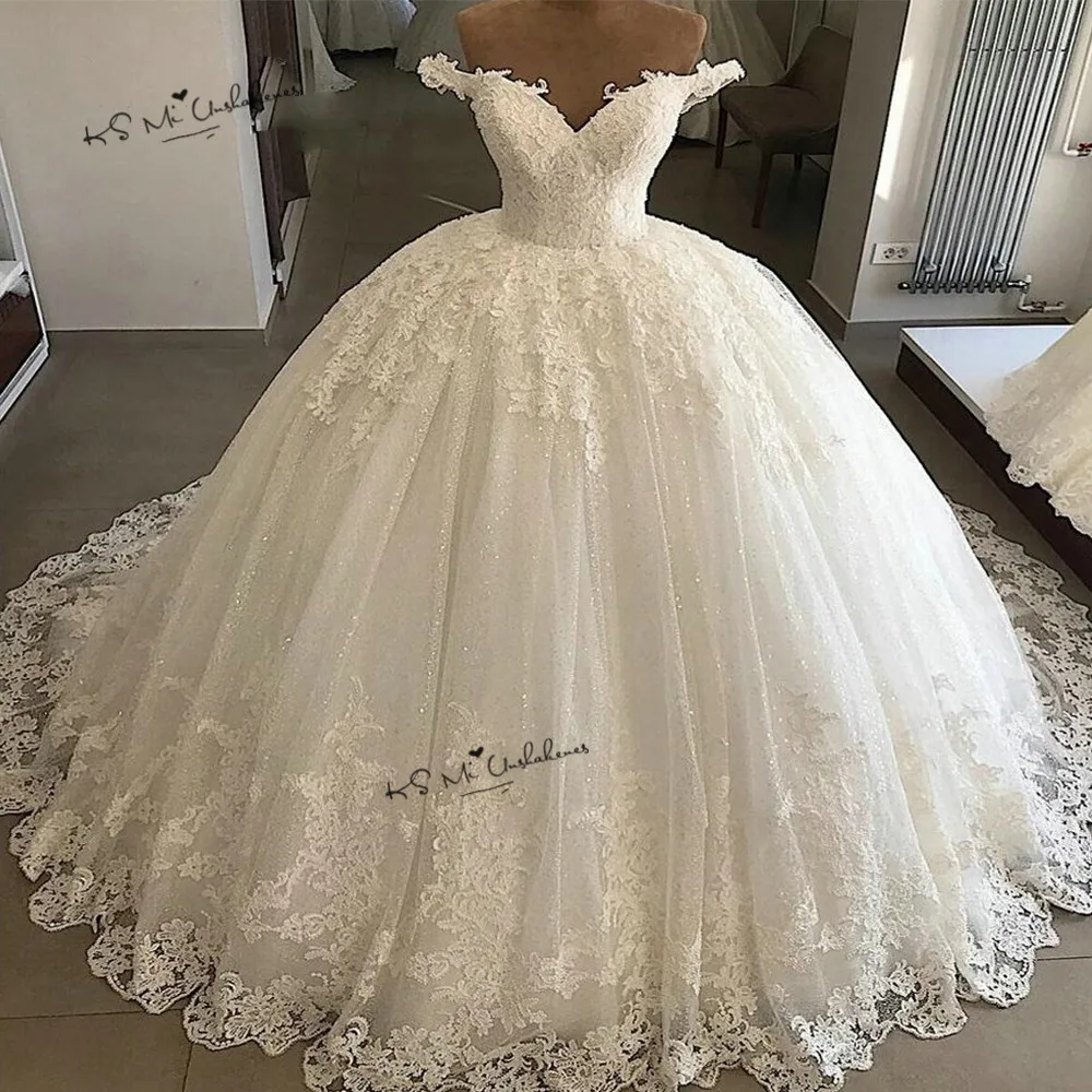 Vestidos de Novia 2019 церковь Роскошные свадебные платья Кружево бальное платье невесты Пышное плюс размеры Свадебные платья блестками