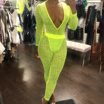

neon green v neck lace mesh bodysuit Solid color long sleeve women jumpsuits 2019 summer sexy party club playsuit
