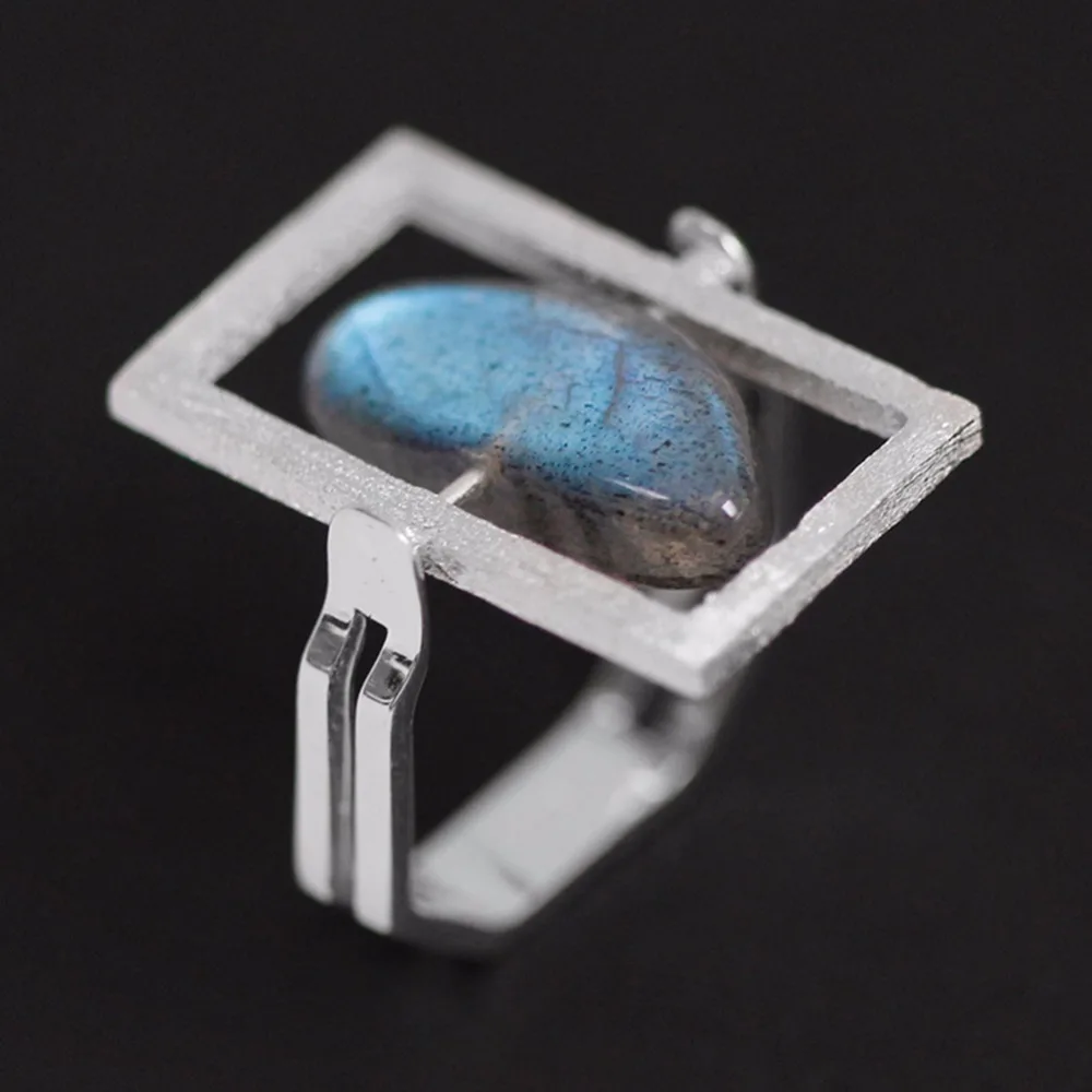Lotus Fun Real 925 Sterling Silver Geometric Square Rings for Women Unique Labradorite Stone Fine Jewelry Rotatable Rings Size 6