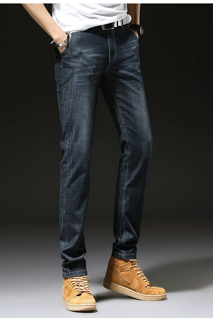 Новинка, мужские зауженные повседневные Прямые джинсы со средней талией, мужские классические повседневные модные черные-синие износостойкие брюки