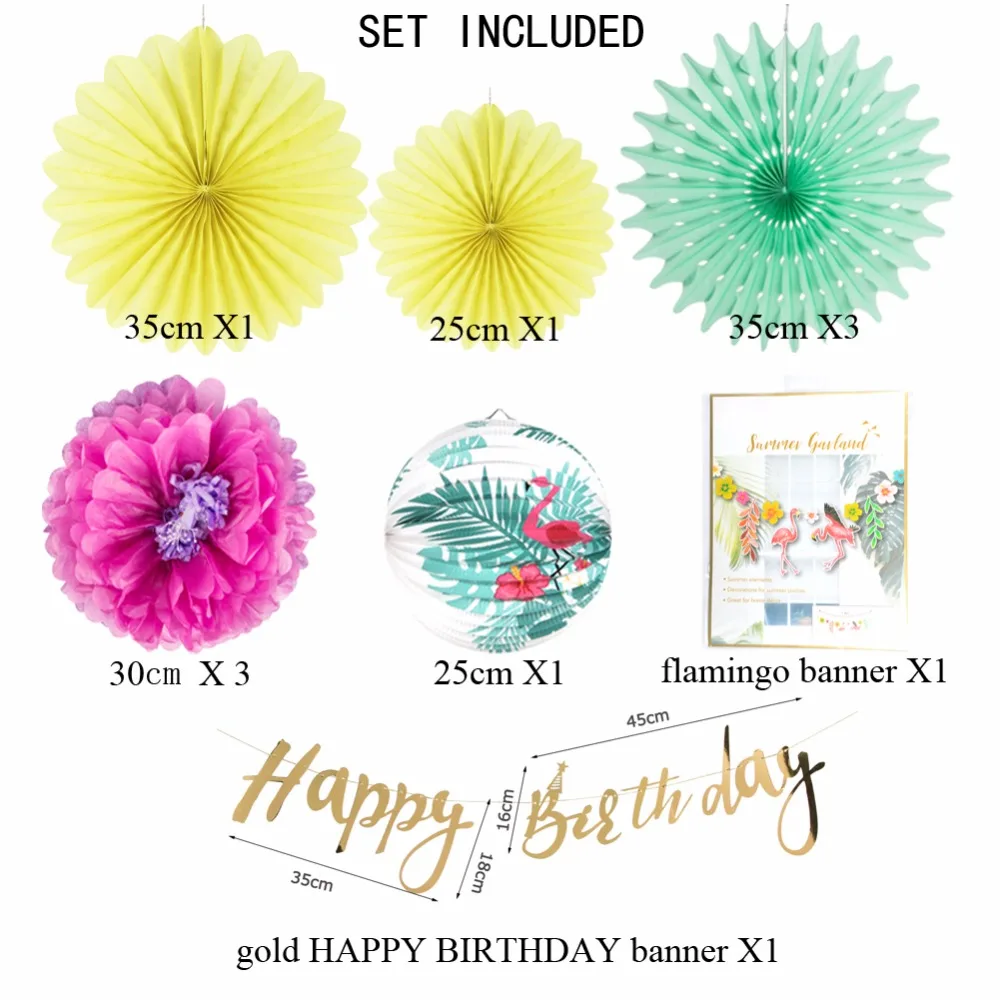 

Tropical Party Decoration Set Flamingo Palm Leaves Pleated Paper Lantern Garland Happy Birthday Banner Hawaiian Party 15 PCS