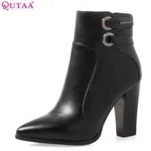 QUTAA/; женские ботильоны; модные дизайнерские женские ботинки на молнии с острым носком на высоком квадратном каблуке из искусственной кожи в западном стиле; Size34-39