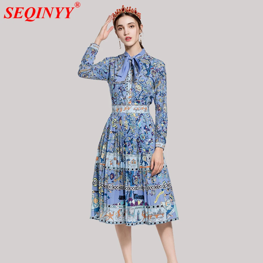 

SEQINYY Retro Printed Set 2018 Early Autumn Fashion High Street Long Sleeve Bow Shirt + Knee A-line Skirt Blue Suit Woman