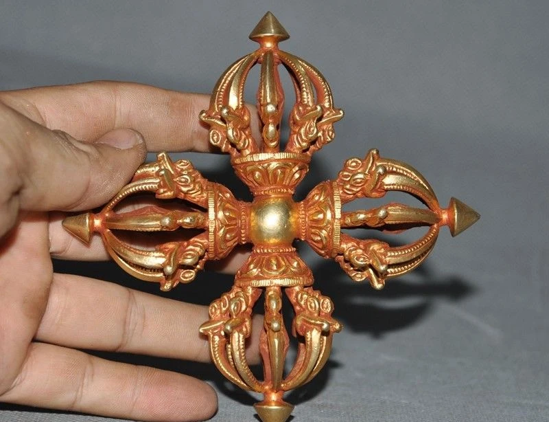 Тибетский буддизм Бронзовый 24k золотой позолоченный Dorje Vajra Phurpa Exorcism Dagger FaQi|Статуи
