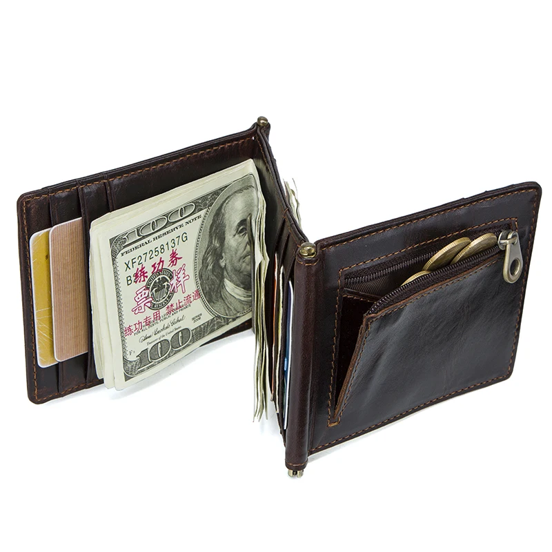 Leather Bifold Wallet Money Clips Wallet Tri Fold Wallet Crazy Horse cowhide leather RFID money clip slim card wallet trifold male cash clamp man cash holder zip coin pocket