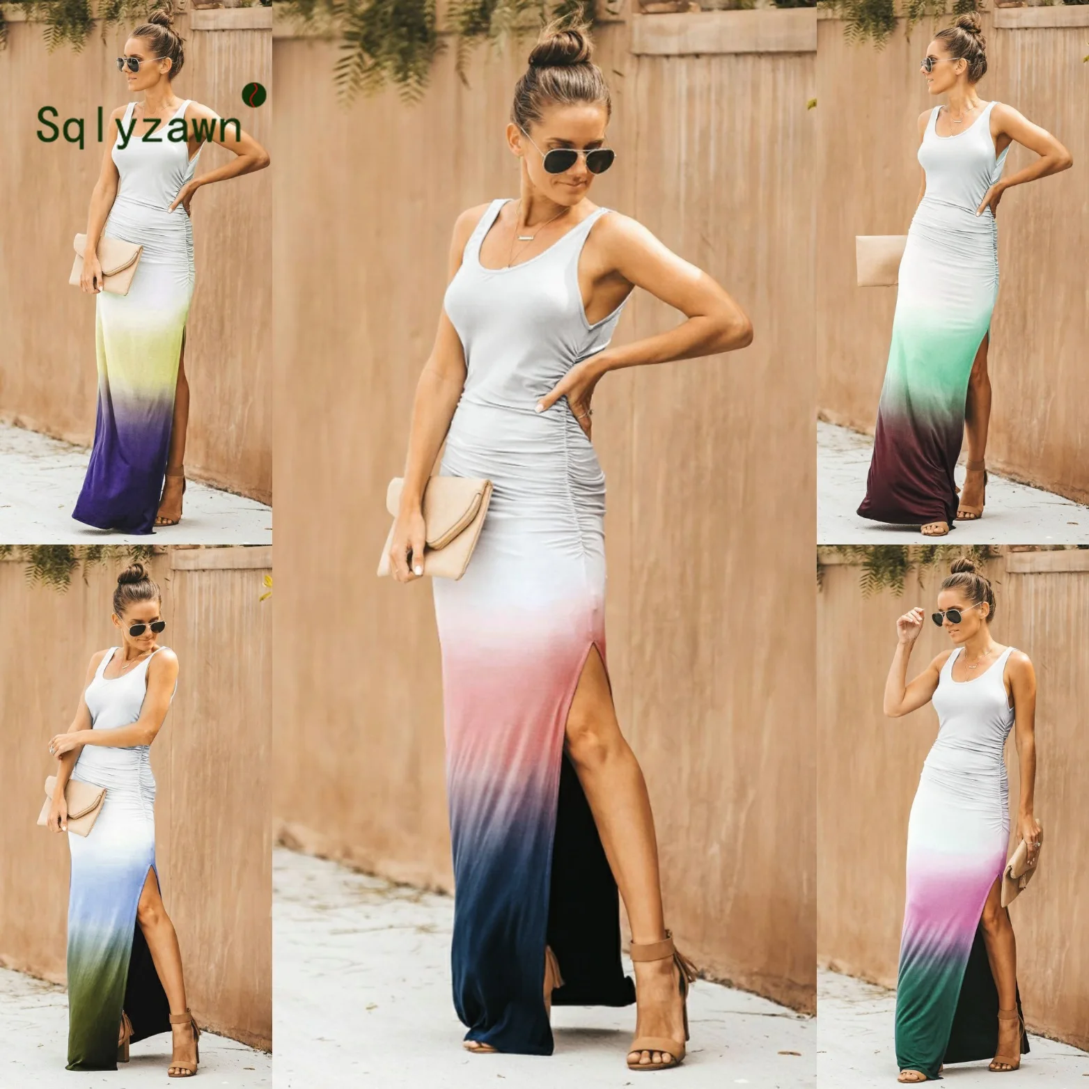 

Sexy O-neck Gradient Vestidos Party Dress Sundress Large Size Women Sleevelee Side Split Summer Boho Dress Long Maxi Dress