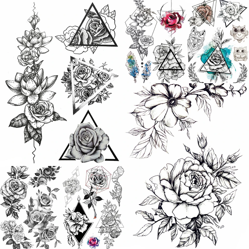 Autocollants De Tatouage Temporaire 3d Rose Noire Impermeable Fleur De Pivoine Faux Crayon Sexy Dessin Feuille Art Corporel Pour Femmes Aliexpress