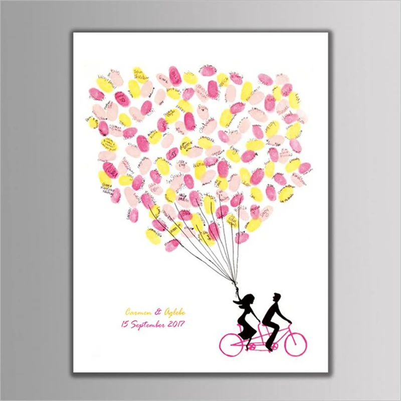 

1Pcs Customization Pink Bicycle Fingerprint Tree Signature Canvas Print For Wedding Decoration Wedding Gift Ingerprint Signature