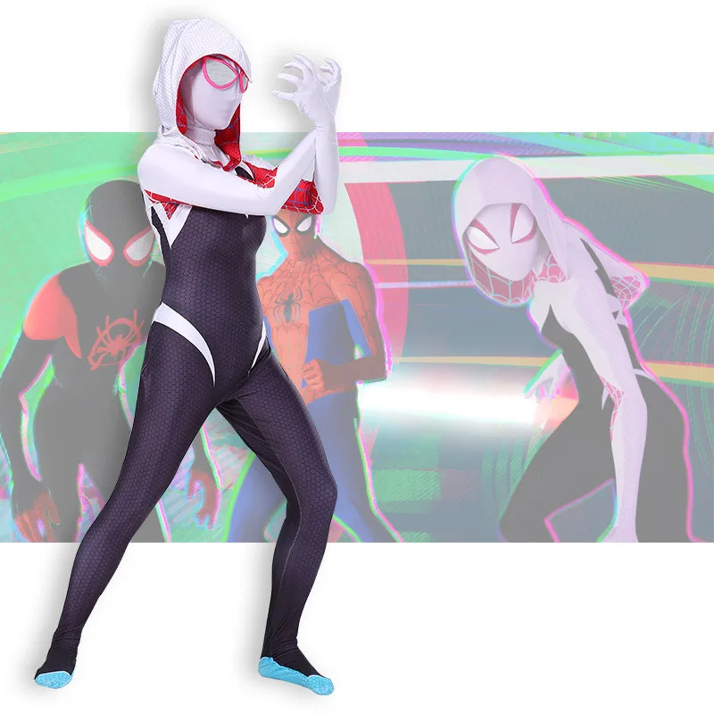 

Spider-Man: Into the Spider-Verse Cosplay Costumes Girls Women Gwen Stacy White Cloak Spider Man Spandex Zentai Jumpsuits Anime