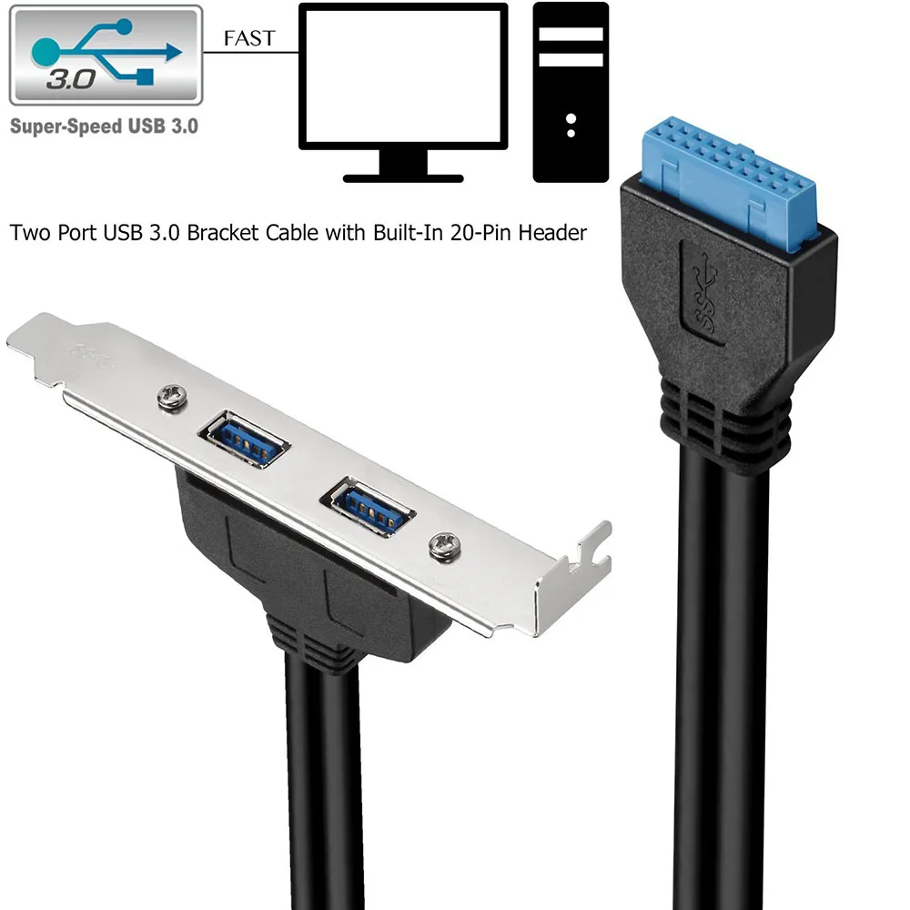 Adaptateur de câble de connecteur d'en-tête avec fente PCI, panneau arrière femelle vers carte mère, carte mère, 2 ports USB 3.0, 50cm, 20 broches