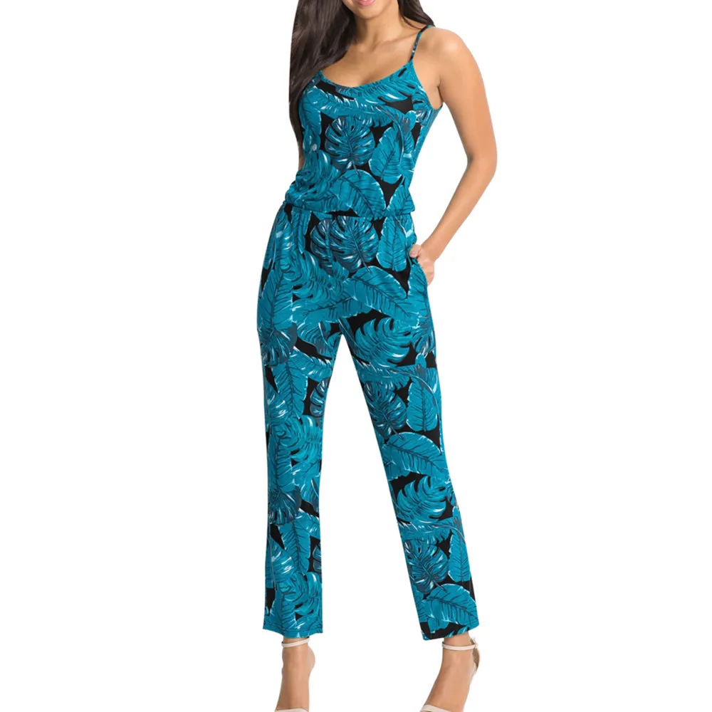 

Summer Fashion Women Sleeveless Backless Spaghetti Strap Romper Leaves Printed Pockets Playsuit Casual Regular Party Jumpsuit