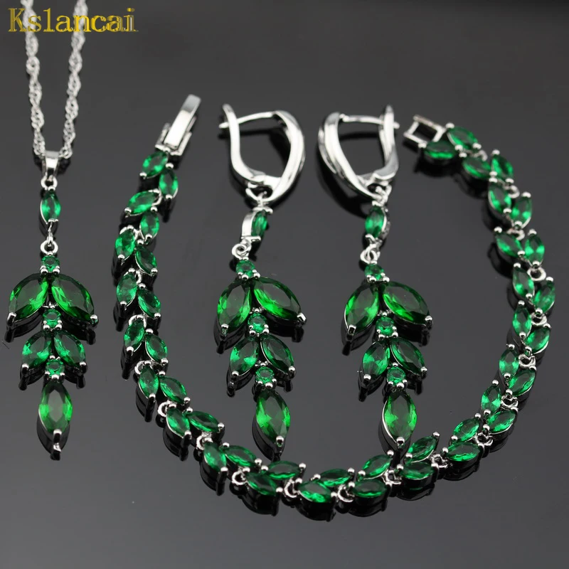 

Lan Hot Selling Choker Sliver Planted Jewelry Sets Green AAA Zircon Necklace&Pendant Earrings Bracelet For Women Free Shipping