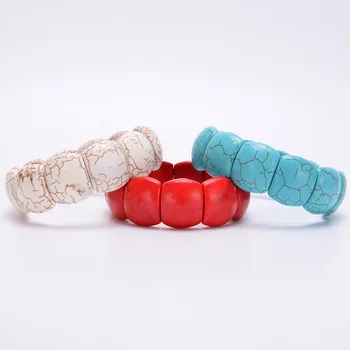 

White Red Blue Stretch Howlite Bracelet Wrist Wrapped Wide Bracelets Fingernail Shape Stones Bangles for Men Healing Jewelry