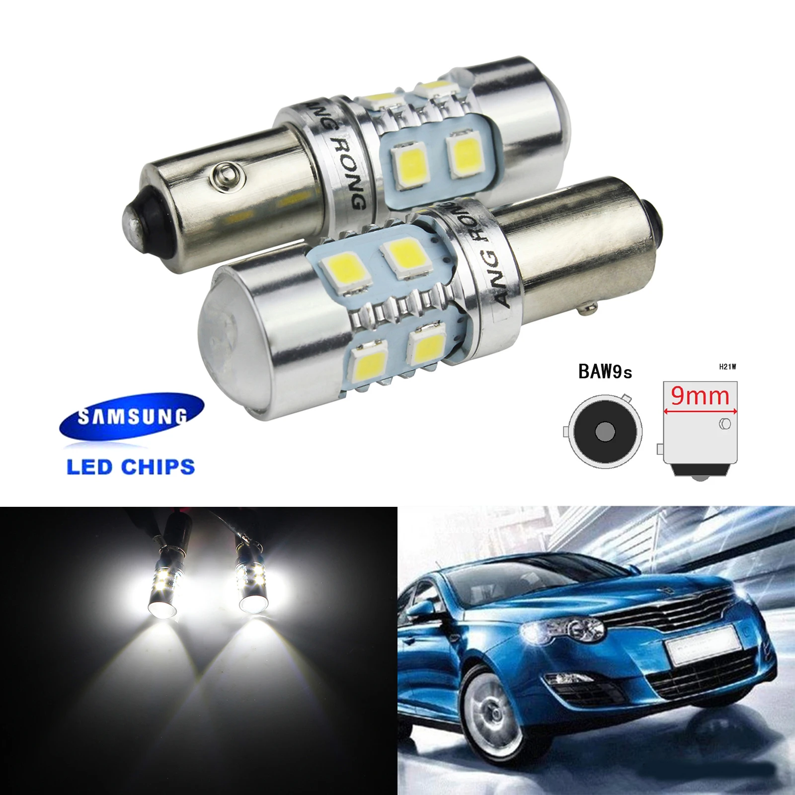 

ANGRONG 2x SAMSUNG 10SMD 2835 LED Car Light HY21W BAW9s Indicator Reverse Turn Signal Side Light Lamps White