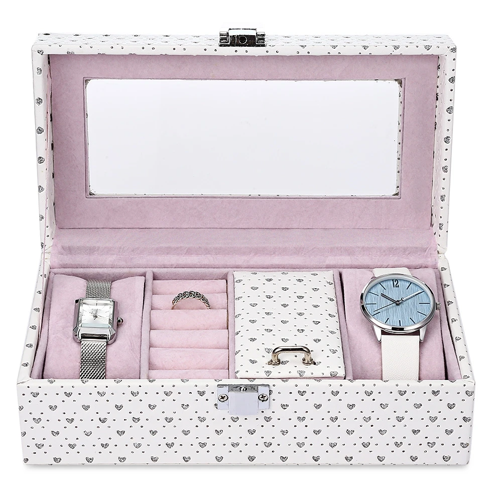 High Quality Watch Box Jewel Windowed Organizer Storage Bracelets Rings Earrings Holder Shining Heart Pink Organizer Watches Box (8)