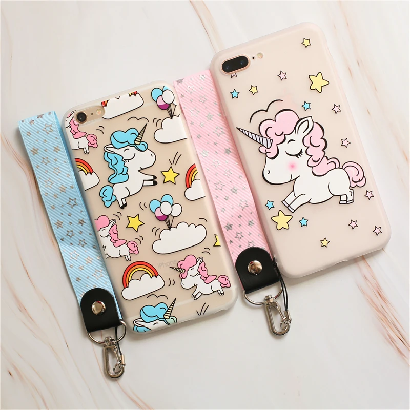 

Cartoon Cute Unicorn Soft TPU Cases For iPhone 6S 8 7 6 S Plus Painted Coque For iPhone X XS Max XR Lanyard Phone Cases Capa