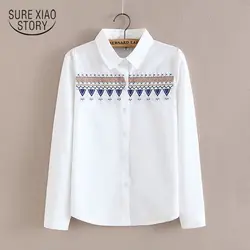 2017 модная новинка Весна Корейский колледж белая рубашка женская с длинными рукавами вышивка Перевернутый треугольник Студенческая блузка