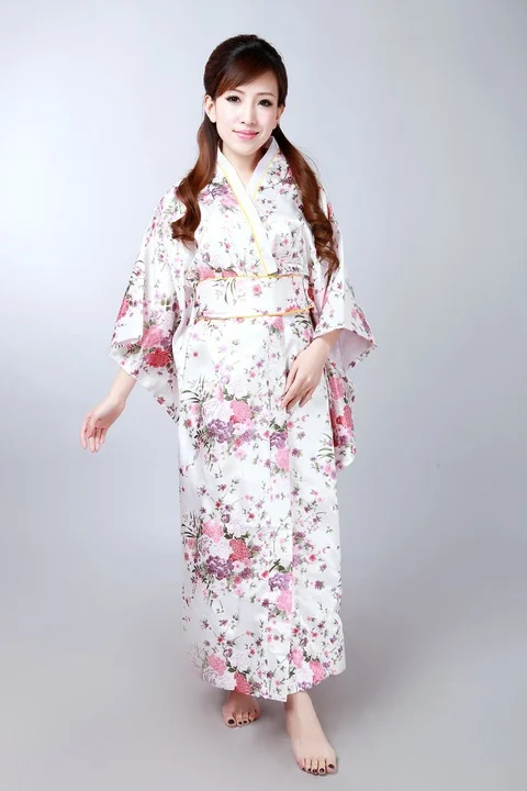 Белый японский Для женщин шелковый атлас кимоно юката вечернее платье цветок один размер H0044