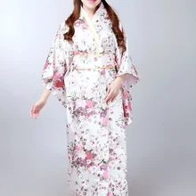 Белый японский Для женщин шелковый атлас кимоно юката вечернее платье цветок один размер H0044