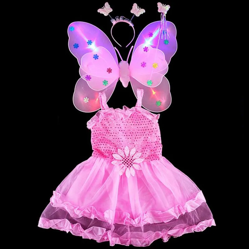 Модный детский костюм принцессы с бабочкой; повязка на голову с крыльями; волшебная палочка; платье; комплект из 4 предметов; реквизит для фотосессии; вечерние принадлежности для Хэллоуина