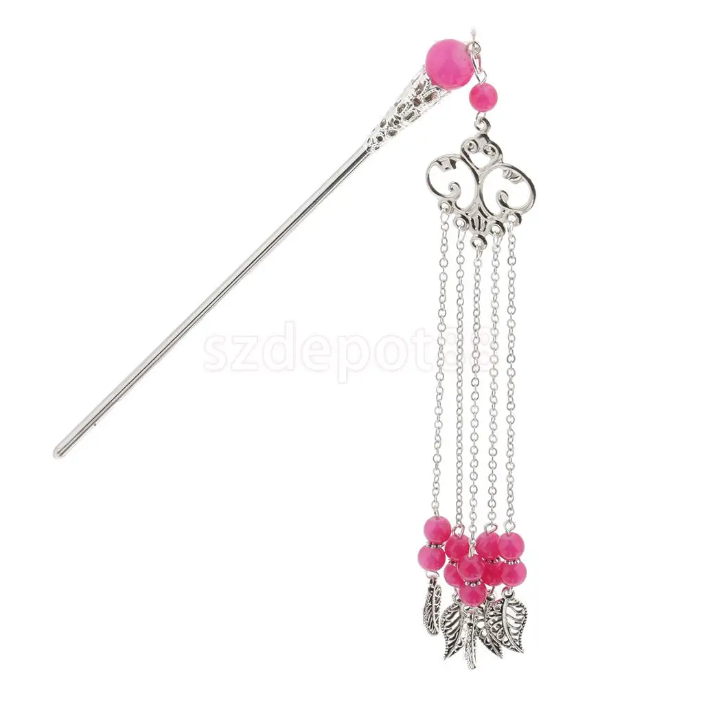Solid Metal Tasel with Beads Stick Pin Hanfu Dress Ancient Chinese Cosplay Drama Girls Cute Hair Pin
