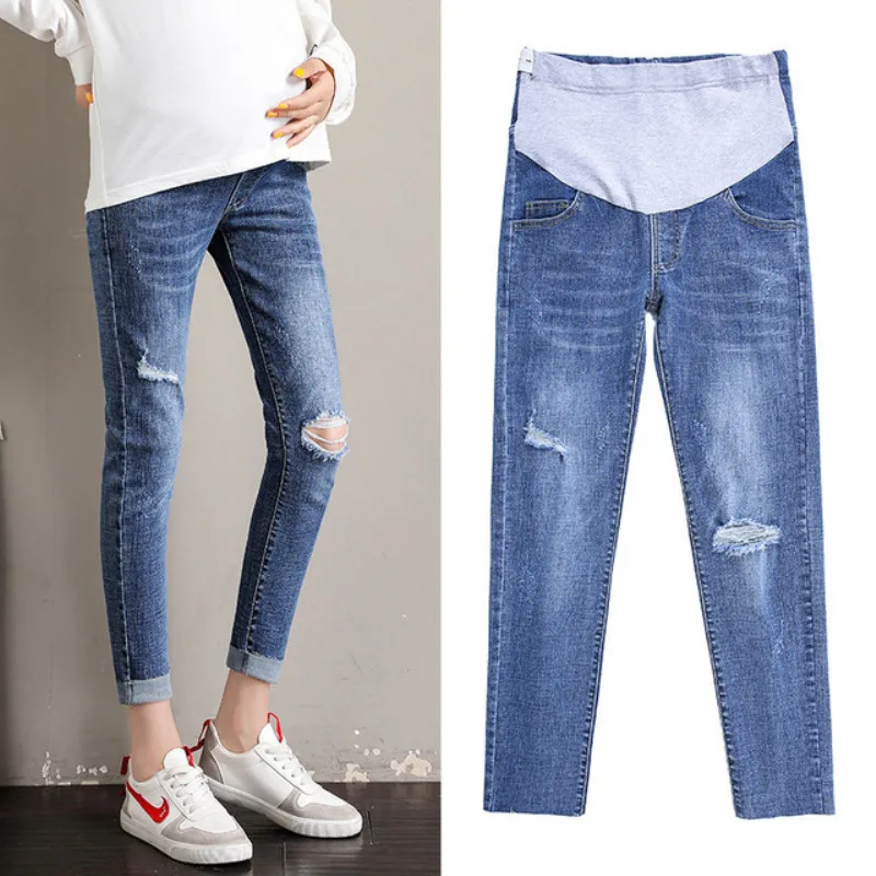 

2019 new pregnancy stomach lift pants waist adjustable jeans spring/autumn Maternity nine pants thin section brushed hole jeans