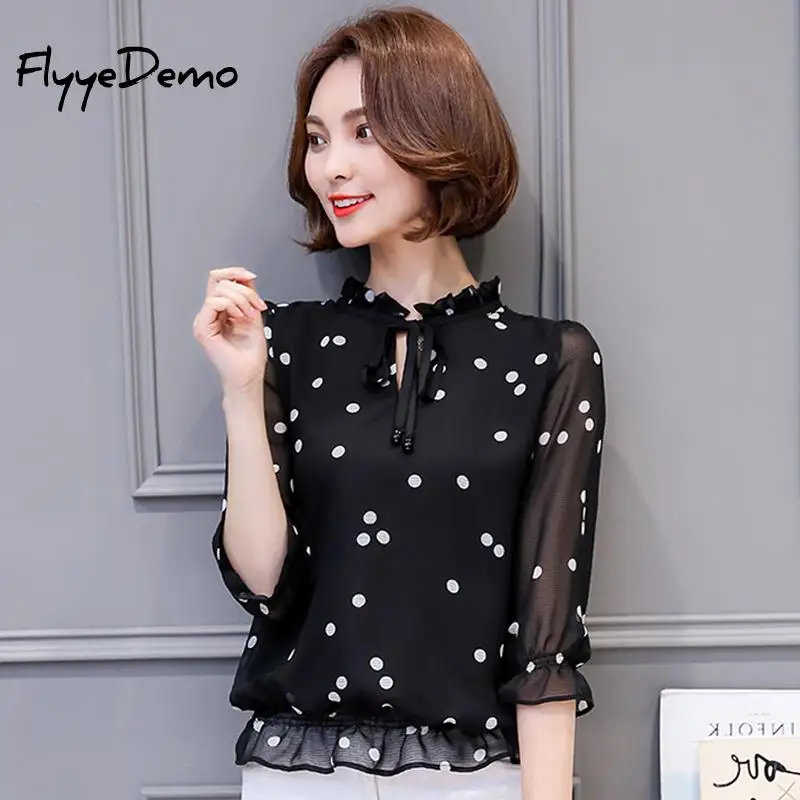 5XL Black White Tie Neck Bow Polka Dot Tops Women Ruffle