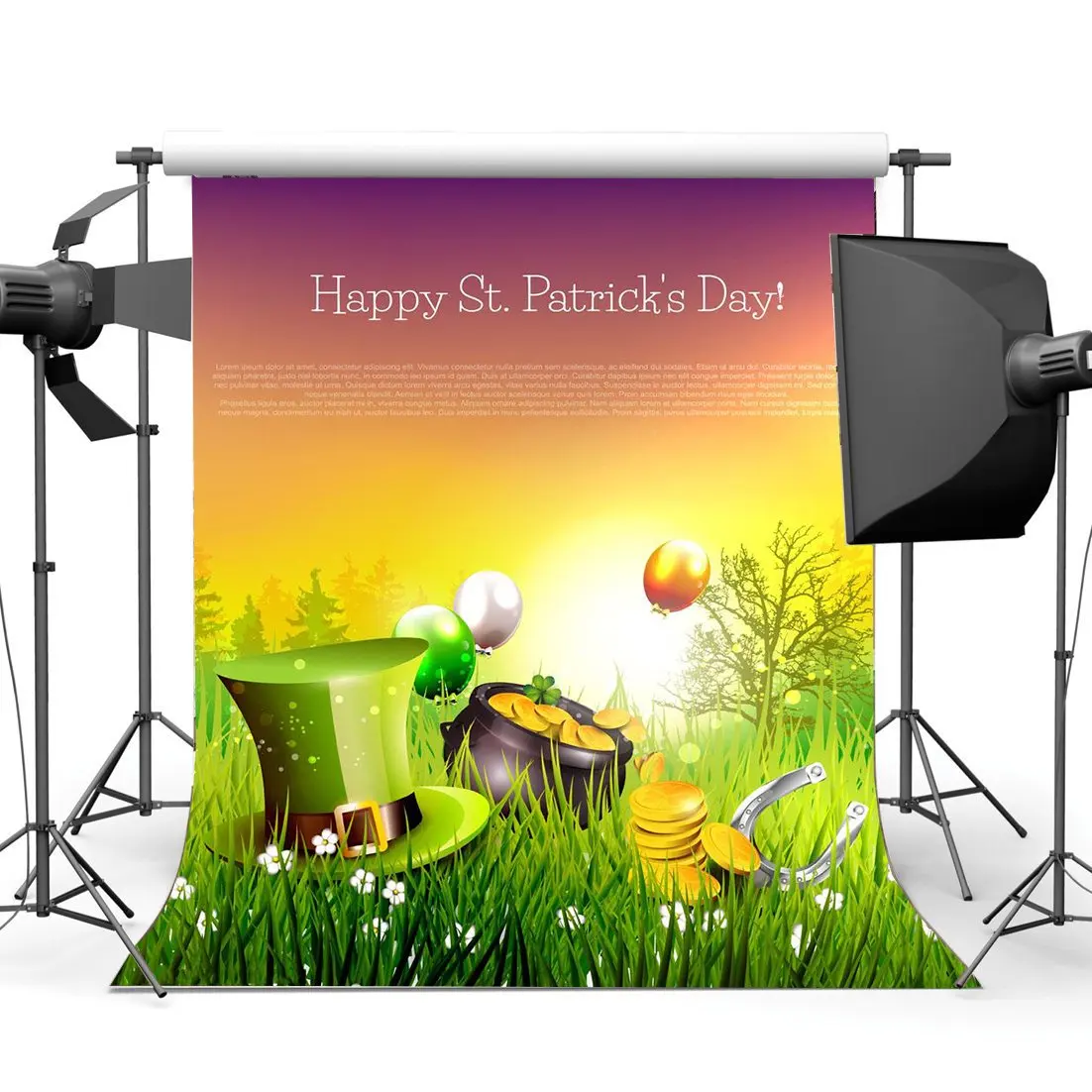 

Lucky Irish Shamrock Backdrop Happy St. Patrick's Day Green Clover Horseshoe Pot of Background