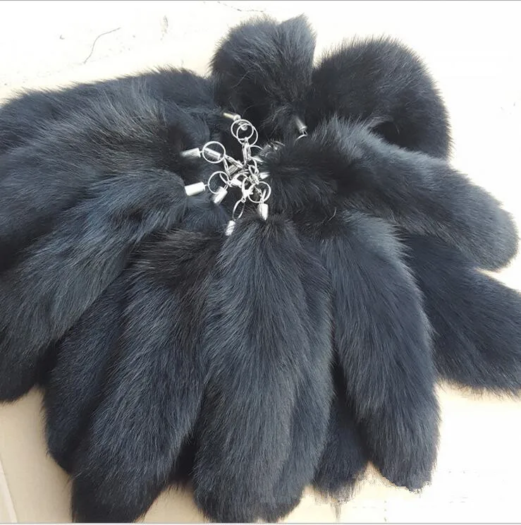 fluffy Black color Natural Real Fox Fur Tail Key chain Pendant key ring cute women men Cute Fox Tail bag charm A79