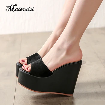 

MAIERNISI Women Shoes Casual High Heel Wedge Slippers Sandals Casual Bling Flip Flops ladies wedge heel Platform Shoes